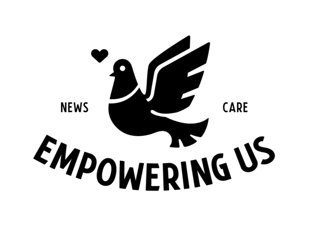 A black and white logo reading "Empowering Us" with smaller words "news" and "care" featuring a clean graphic pigeon. Its wings resemble the letter E, and it has a small heart symbol above its head.