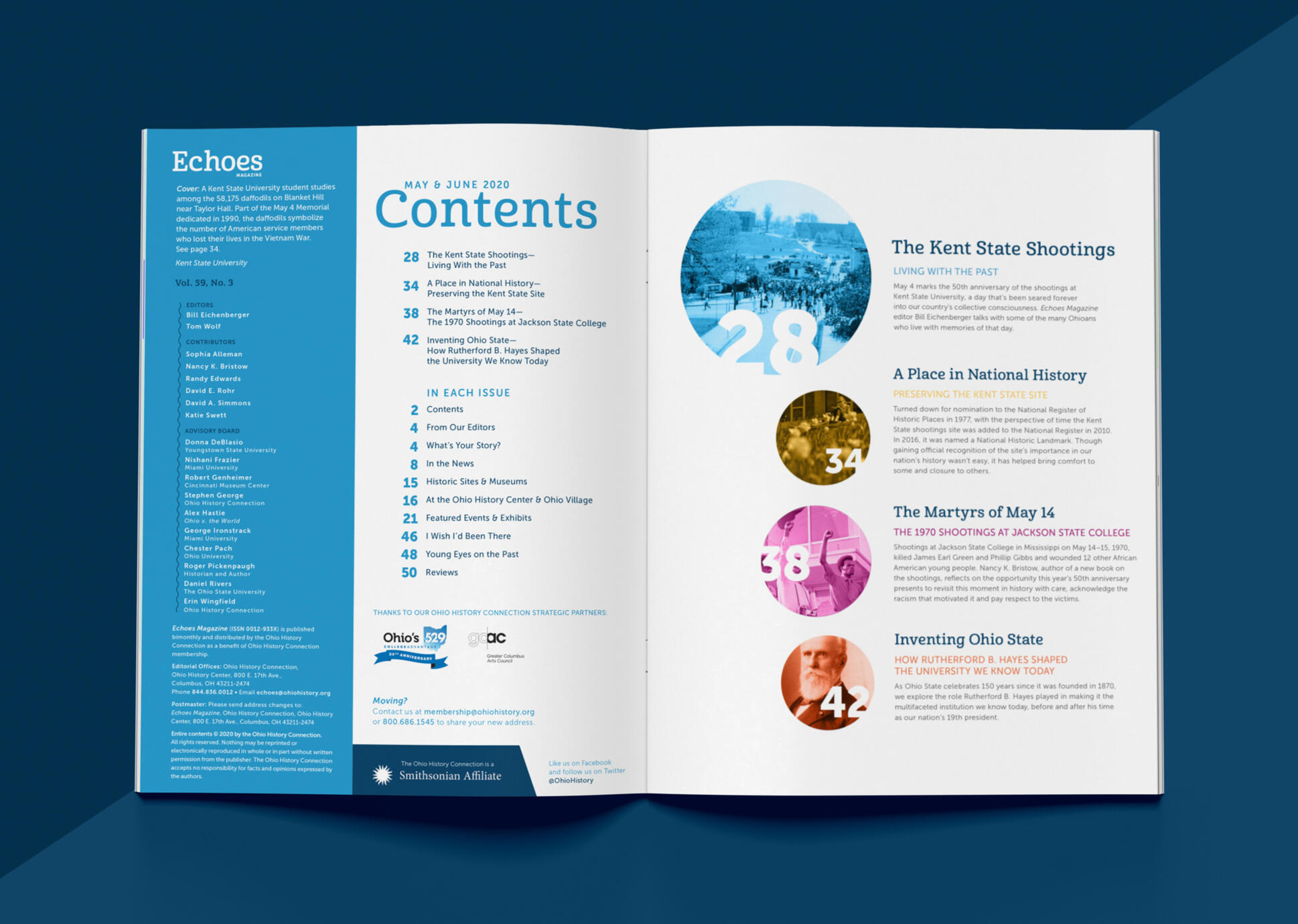 An open membership magazine for Ohio History Connection on a dark blue background featuring the table of contents.