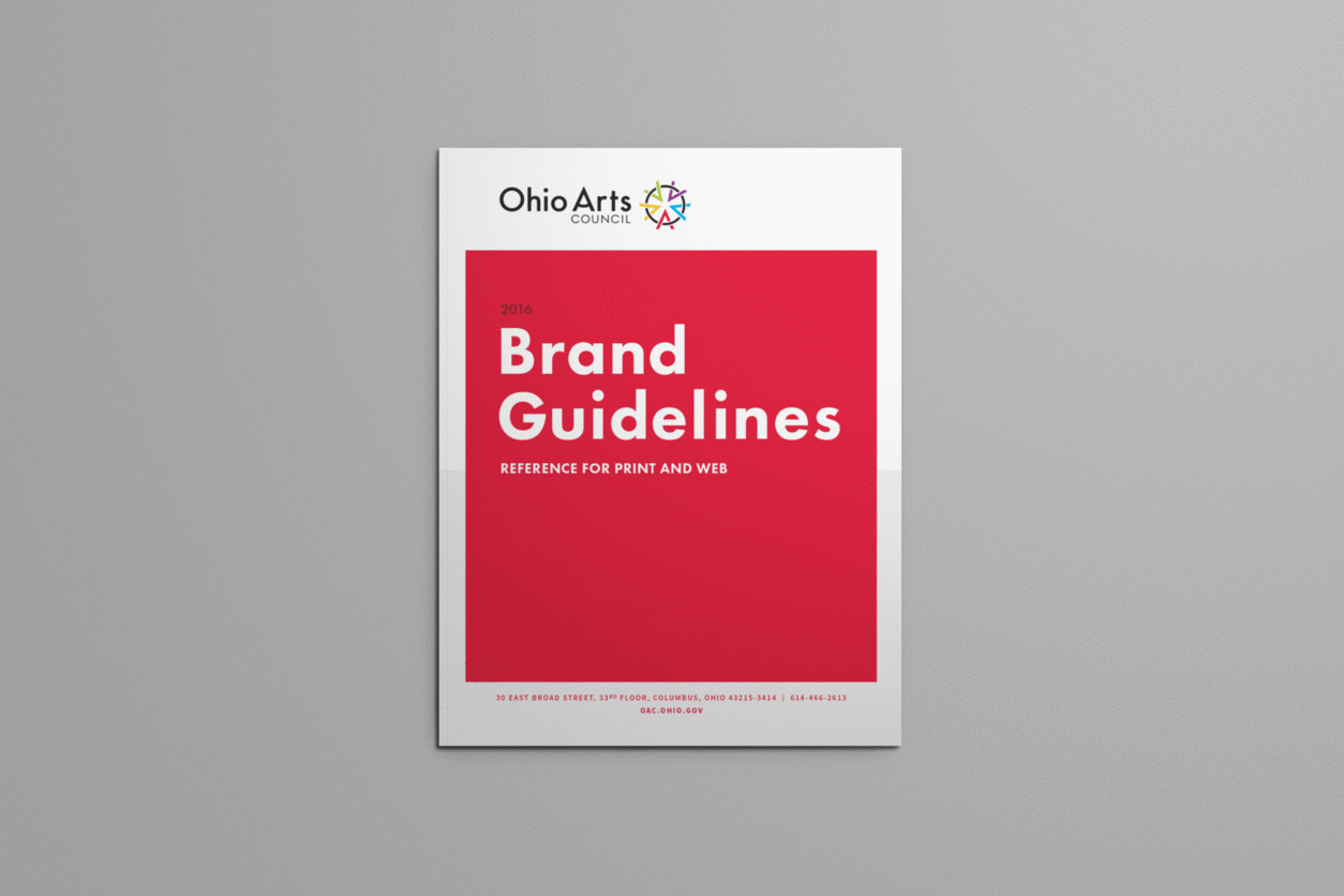 A gif rotating through spreads of a Ohio Arts Council brand guidelines including colors, typography, and a positioning statement